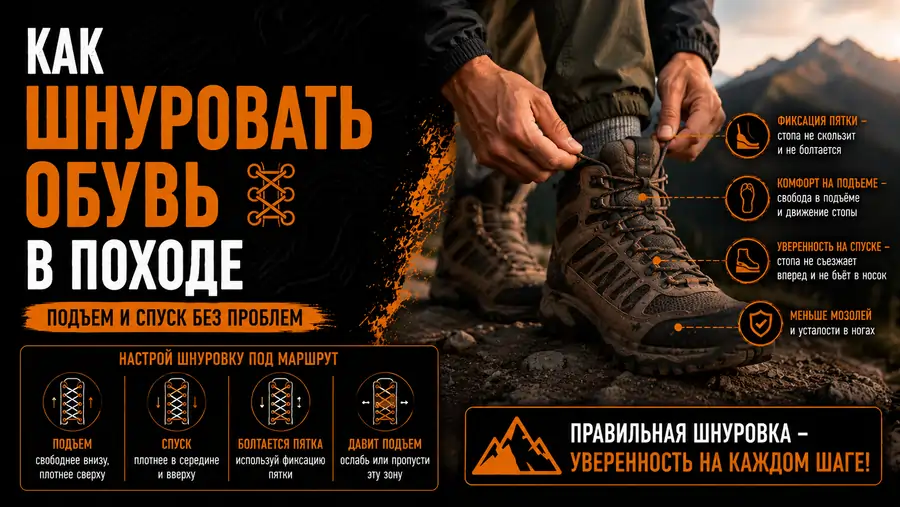 Как шнуровать обувь в походе для подъема и спуска в горах